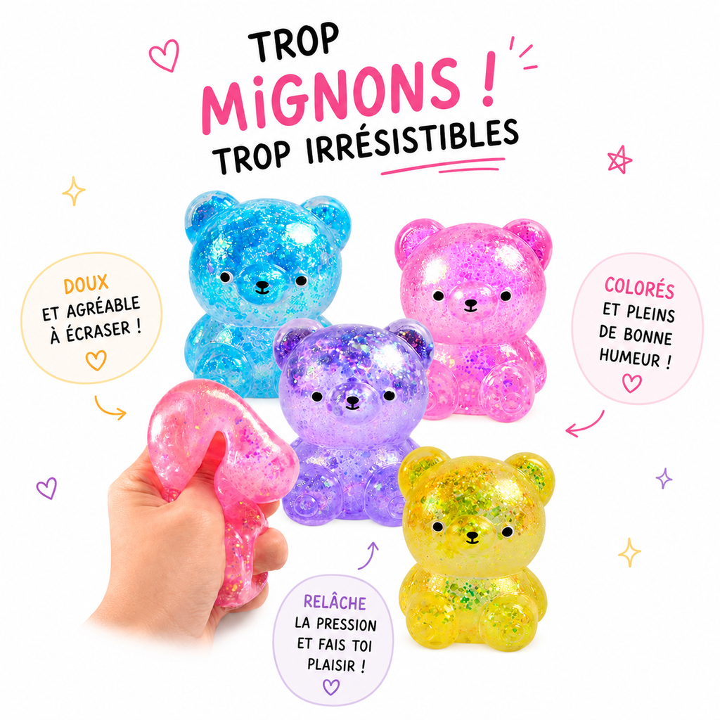 🐻 Ourson Magique Pailleté – Squishy Anti-Stress ✨